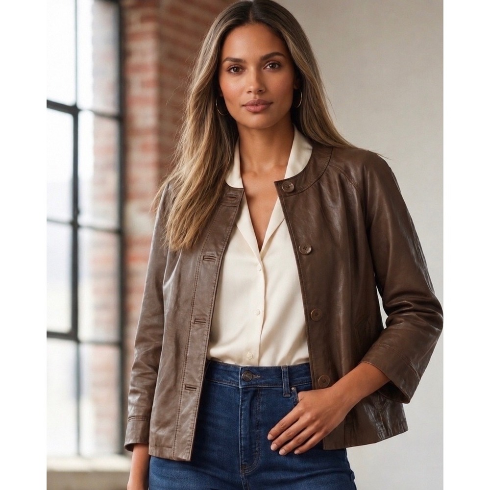 J. Jill Womens Brown Genuine Leather Collarless Button Front Jacket Size S